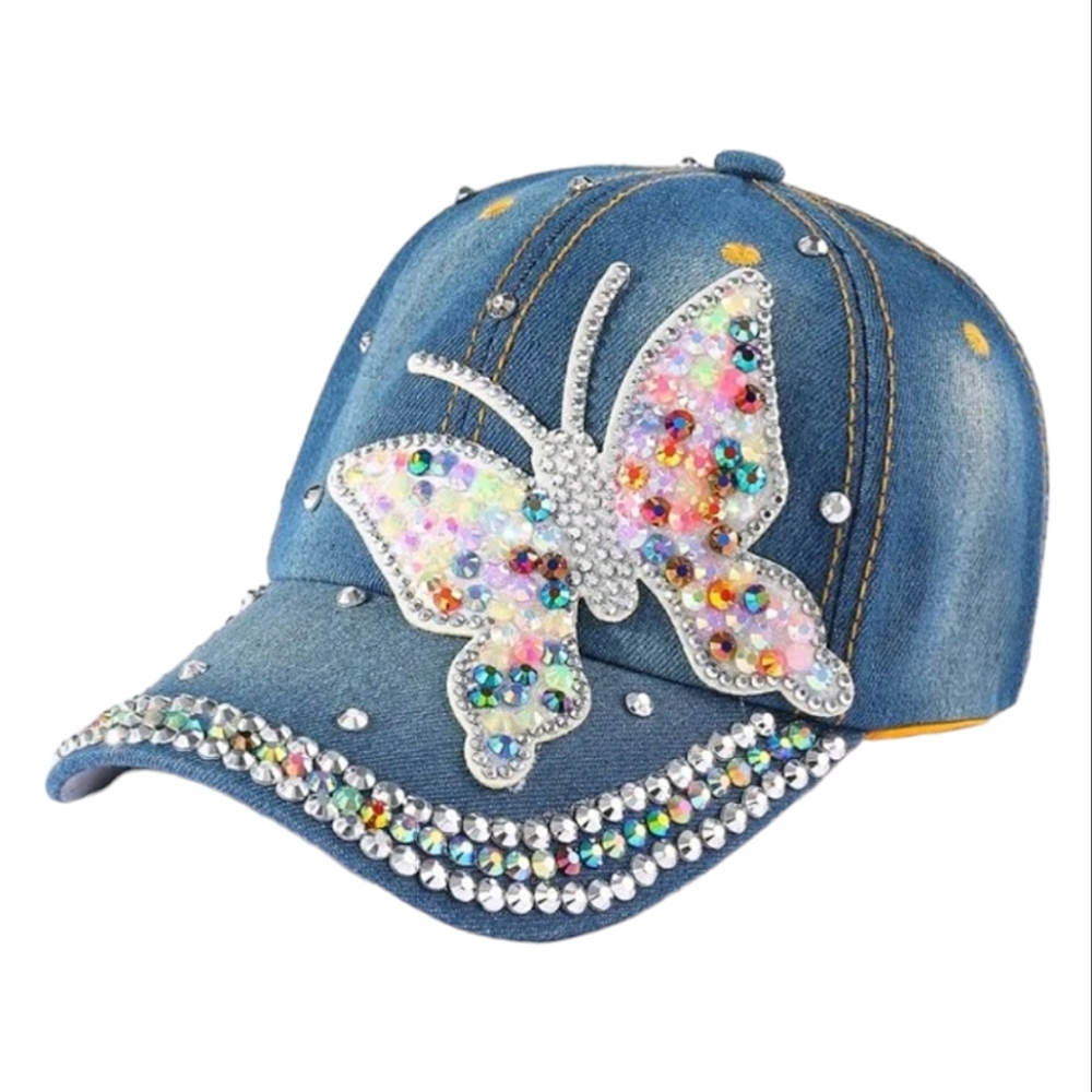 Blue Denim Rhinestone Bling Butterfly Baseball Cap Hat Studs Bling - Picture 3 of 7